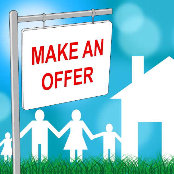 Image of a paper cut out of a family with a cut out house and a sign saying "Makr an Offer" looking for the best price in an Offers Over situation