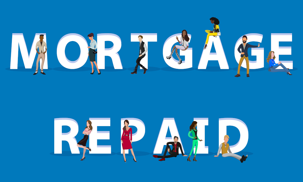 Sign saying Mortgage Repaid with people on to signify that you have repaid your mortgage